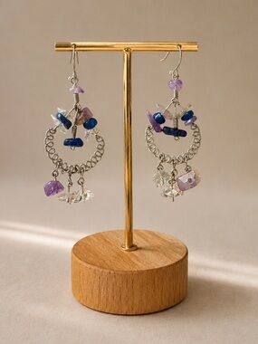 Boho Wire Wrapped Gemstone Dangle Earrings Purple Blue Chip Stone Handmade
